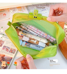 Detail view of a bright green mesh pouch showing large capacity for pens and stationery