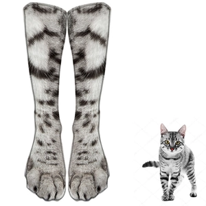 Unisex 3D realistic grey tabby cat paw printed crew socks with pink paw pads