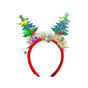 LED Christmas headband with glowing green trees and red velvet base for holiday parties