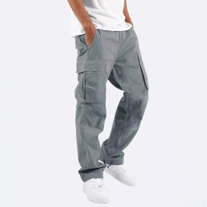 Men's grey multi-pocket cargo pants in durable twill fabric shown from a 45-degree angle