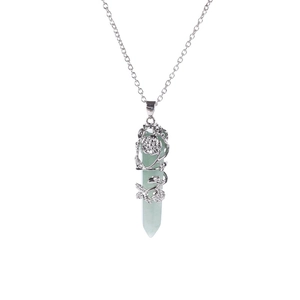 Silver flower wrapped green crystal hexagonal pillar pendant necklace on white background