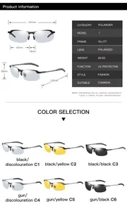 Specifiche tecniche e dimensioni dettagliate per occhiali da sole polarizzati fotocromatici