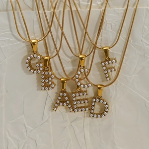 Gold plated stainless steel snake chain necklace with pearl alphabet pendant charm