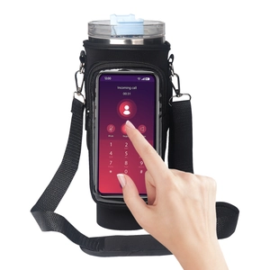 Waterproof water bottle holder with touchscreen phone pocket and adjustable strap