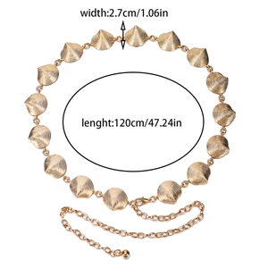 Detailed view of golden shell chain belt with size labels showing 120cm length and 2.7cm width