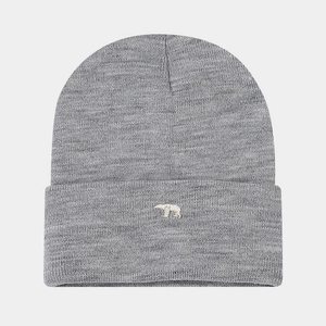Close-up of grey knit beanie with white polar bear embroidery and ribbed texture detail