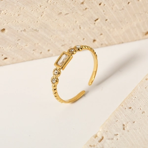 18K gold plated stainless steel square zircon ring with sparkling accent diamonds