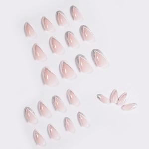 Pink ombre press-on nails with silver glitter V-shaped French tip design set