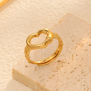 Adjustable gold heart ring with unique bamboo texture in minimalist stainless steel
