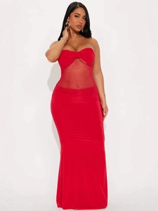 Sexy red tube top maxi dress with sheer mesh patchwork and bodycon fit for parties