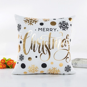 Modern white Christmas pillow case with golden Merry Christmas text and snowflakes