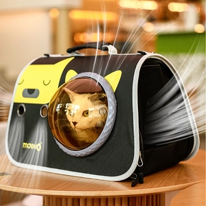 Portable pet carrier bag with cartoon cat print and bubble window for outdoor travel