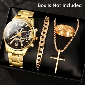 Men's business set with golden watch, Cuban bracelet, cross necklace and ring in box