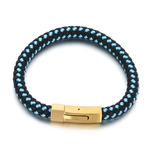 Multilayer braided leather rope bracelet for men with tricolor weave and gold metal clasp