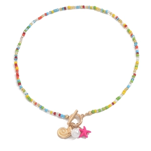 Colorful beaded necklace with gold shell starfish and pearl pendants in beach style