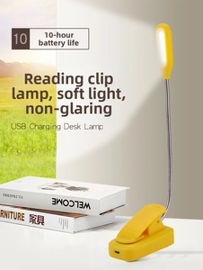 Detail of yellow LED clip-on reading lamp with flexible neck and 10-hour battery life