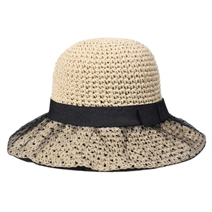 Women's woven straw sun hat with black satin ribbon bow and polka dot lace brim