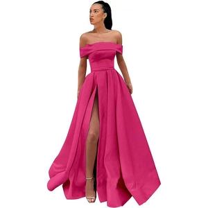 Elegant rose red satin off-the-shoulder evening gown with high slit and long hemline