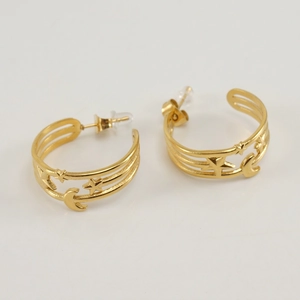 Stainless Steel Hoop Earrings 18K Gold Plated Hollow Star Moon C Shape Retro Fashion Jewelry For Women