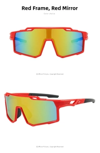Close-up of sports sunglasses with red frame and colorful gradient mercury lenses