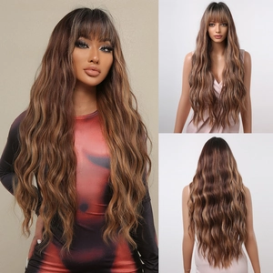 Detailed view of long wavy brown hair wig with flat bangs and natural highlights