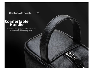 Close-up of ergonomic soft leather handle and smooth metal zipper on business clutch bag