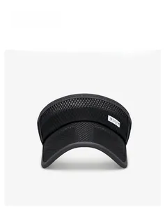 Close-up of black breathable mesh material and wide brim on an open top sun visor hat