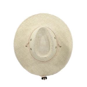 Close-up detail of beige woven straw sun hat texture with functional windproof cord