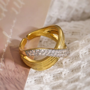 Two-tone plated crisscross geometric open ring with shimmering micro-pave zircons