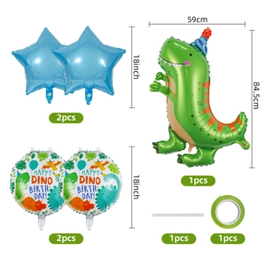 Detail view of dinosaur birthday party balloon set with blue stars and printed foil balloons