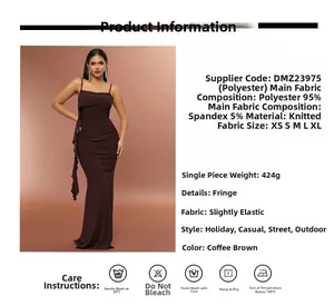 Detail view of coffee brown slim fit maxi dress featuring side tassel and ruffle accents