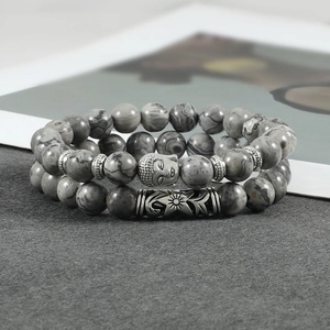 Tiger eye and crystal beaded bracelet set with vintage Buddha head and metal charm