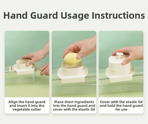 Three-step diagram showing the safety hand guard and food holder for vegetable slicer