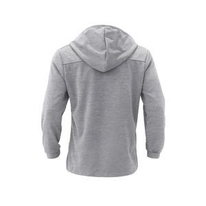 Back view of a gray slim fit hooded trench coat featuring smooth knit cotton blend texture