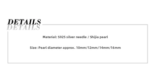 Detailed chart of S925 silver stud earrings showing 10mm to 16mm pearl diameter sizes