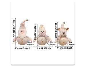 Size chart showing height and width for Santa, Snowman and Reindeer plush dolls