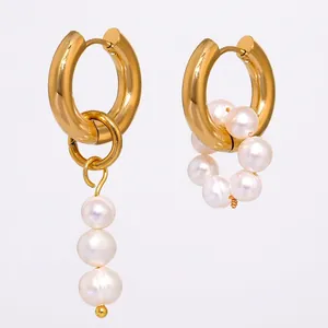 18K Gold Plated Stainless Steel Natural Freshwater Pearl Drop Earrings For Women Elegant Asymmetric Geometric Jewelry
