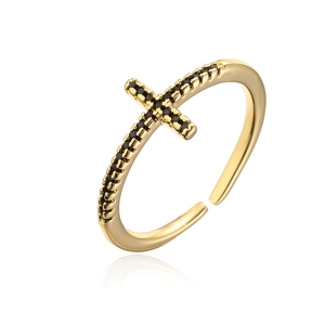 18K gold-plated cross open ring for women with micro-paved black zircon stones