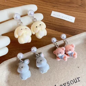 Fluffy Flocked Teddy Bear Rabbit Animal Stud Earrings With Faux Artificial Pearl And 925 Sterling Silver Earring Post Sweet