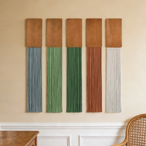 Bohemian wall hanging set with five colorful tassels and wooden base for home decor