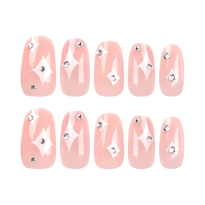 Pink press-on nails with white star patterns and sparkling silver rhinestones