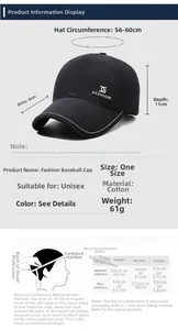 Size chart showing baseball cap dimensions including circumference and brim length