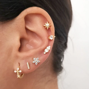 Minimalistische S925 Silber Gold Kreuz Creolen mit Stern Zirkonia Ohrstecker Set