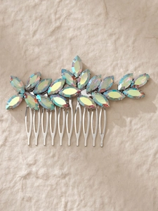 Macro detail of bridal hair comb with marquise cut AB crystals and silver alloy base