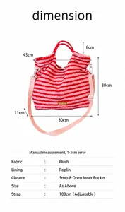 Detailed view of striped plush tote with dimensions, adjustable strap and magnetic closure