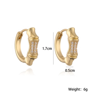 18K gold-plated bamboo hoop earrings with zircons, dimensions 1.7x0.5cm and 6g weight