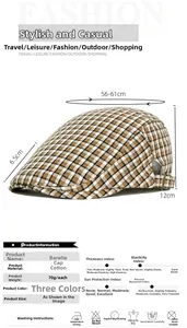 Detail view of cotton plaid beret with size specs 56-61cm for adjustable fitting