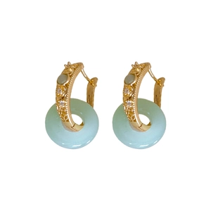 Elegant gold plated hoop earrings with light green round jade-like donut pendant charms