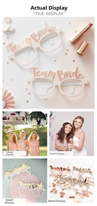 Detail of Bride to Be and Team Bride paper glasses with rose gold foil for bachelorette parties