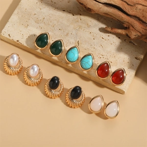 Vintage Waterdrop Turquoise Copper Earrings For Women Minimalist Retro Shell Texture Gold Plated Faux Artificial Pearl Studs Elegant